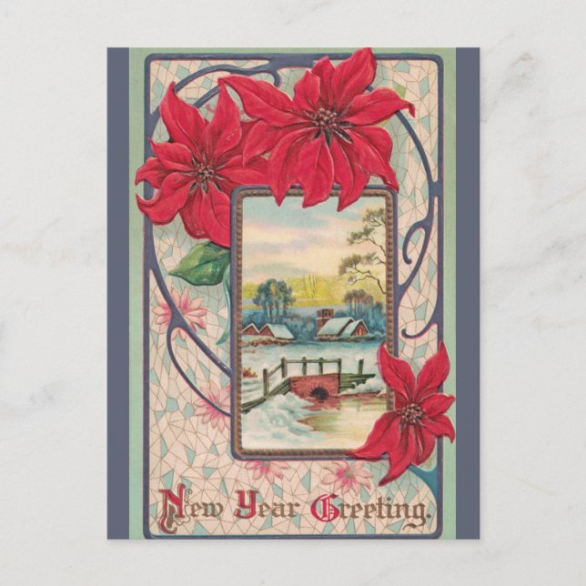 Cartão Postal Vintage Rural Winter ScenBridge New Year (Frente)