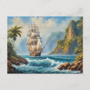 Cartão Postal Vintage Sail Ship perto de Tropical Island
