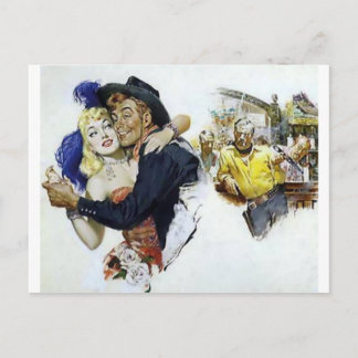 Cartão Postal Vintage Saloon Girl Cowboy Bar Diversão de dança p