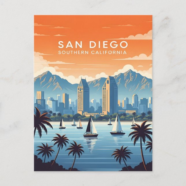 Cartão Postal Vintage San Diego skyline com veleiros (Frente)