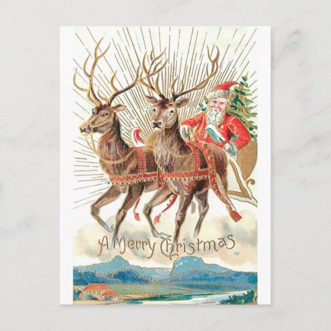 Cartão Postal Vintage Santa Claus Christmas Sleigh Reindeer  (Frente)