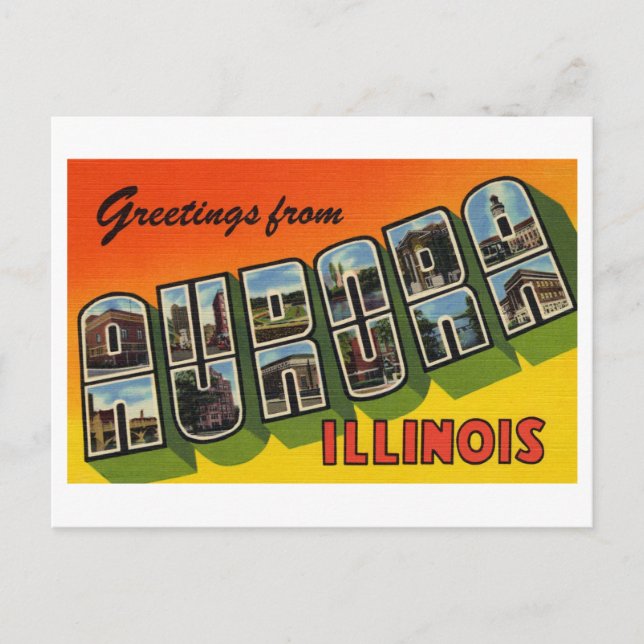 Cartão Postal Vintage Saudações de Aurora, Illinois (Frente)