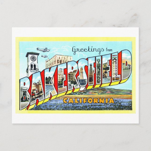 Cartão Postal Vintage Saudações de Bakersfield, Califórnia, (Frente)