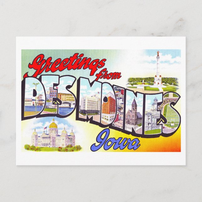 Cartão Postal Vintage Saudações de Des Moines, Iowa, (Frente)