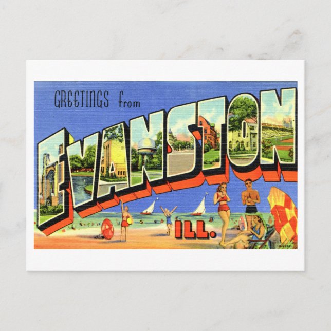 Cartão Postal Vintage Saudações de Evanston, Illinois (Frente)