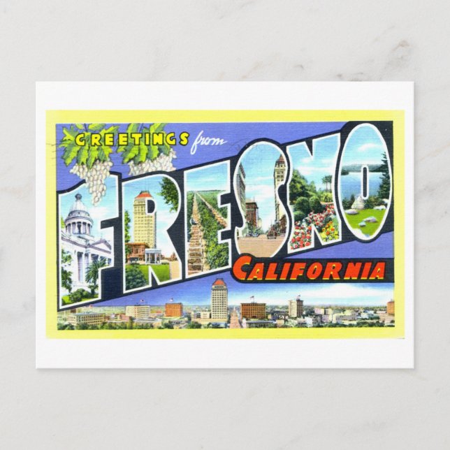 Cartão Postal Vintage Saudações de Fresno, Califórnia, (Frente)