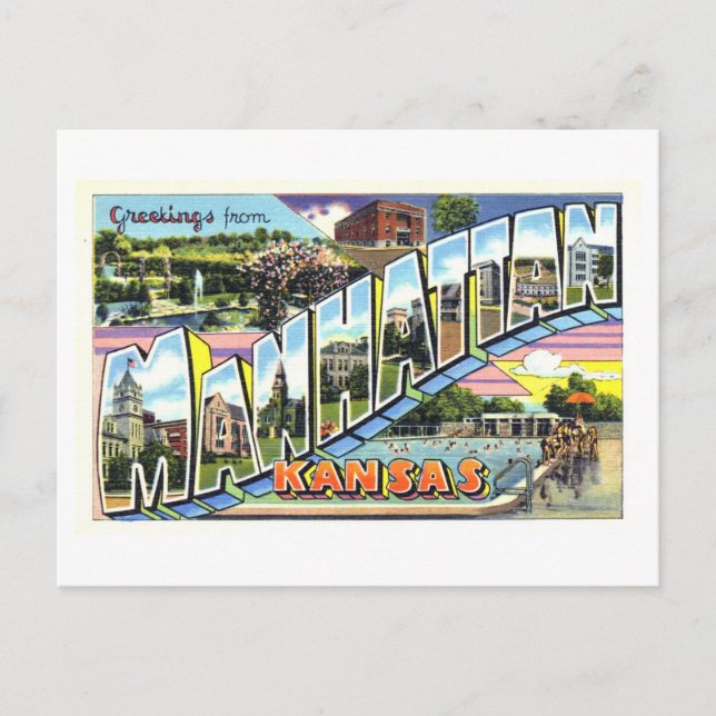 Cartão Postal Vintage Saudações de Manhattan, Kansas (Frente)