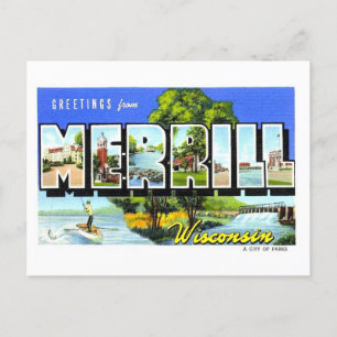 Cartão Postal Vintage Saudações de Merrill, Wisconsin,