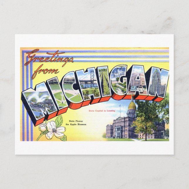 Cartão Postal Vintage Saudações de Michigan (Frente)