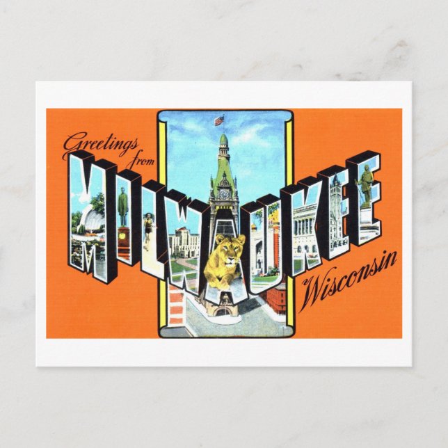 Cartão Postal Vintage Saudações de Milwaukee, Wisconsin, (Frente)