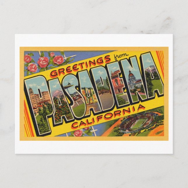 Cartão Postal Vintage Saudações de Pasadena, Califórnia (Frente)