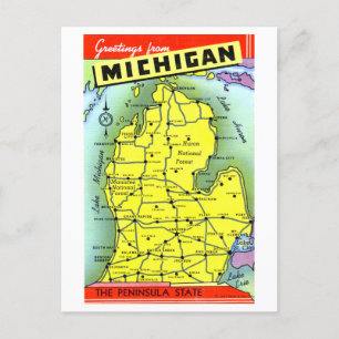Cartão Postal Vintage Saudações do Mapa do Michigan