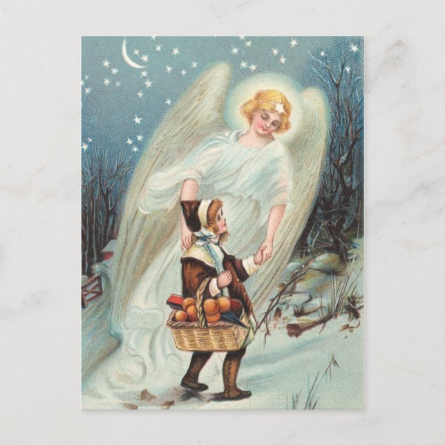 Cartão Postal Vintage Schutzengel mit Mädchen im Schnee (Frente)