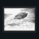 Cartão Postal Vintage Science Ficeship Rocket in Clouds<br><div class="desc">Ilustração da Vintage: imagem do transporte vitoriano de ficção científica em preto e branco. Uma nave espacial voando pelas nuvens no céu. Um clássico design de ficção científica de quadrinhos retrógrados do 50 do futuro.</div>