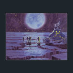 Cartão Postal Vintage Science Ficting Earth Rover Aliens na Lua<br><div class="desc">Ilustração vintage de aliens futuristas e robôs de ficção científica apresentando um clássico design de quadrinhos de 50. Design de ficção científica retrô com astronautas alienígenas em um planeta estrangeiro com veículo espacial, lunar ou lua e olhando para a Terra e o espaço exterior e acenando. Um céu escuro com...</div>