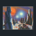 Cartão Postal Vintage Science Ficting Planeta Estrangeiro com Al<br><div class="desc">Ilustração vintage: planetas futuristas de ficção científica e imagem espacial. Um clássico 50 de quadrinhos retrô com aliens de ficção científica olhando para vários sóis em um planeta com formações geológicas de rocha altas.</div>