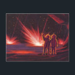 Cartão Postal Vintage Science Fiction Alienígena Red Planet Expl<br><div class="desc">Imagem de Vintage,  ilustração futurista Science Fiction com astronautas alienígenas amigáveis acenando. Eles estão em um planeta ou lua vermelho com bolas de fogo explosivas que se parecem com fogos de artifício. Um clássico design de quadrinhos retrô 50 de ficção científica.</div>
