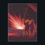 Cartão Postal Vintage Science Fiction Alienígena Red Planet Expl<br><div class="desc">Imagem de Vintage,  ilustração futurista Science Fiction com astronautas alienígenas amigáveis acenando. Eles estão em um planeta ou lua vermelho com bolas de fogo explosivas que se parecem com fogos de artifício. Um clássico design de quadrinhos retrô 50 de ficção científica.</div>