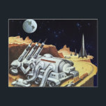Cartão Postal Vintage Science Fiction, Estação Espacial na Lua<br><div class="desc">Ilustração vintage: planetas futuristas de ficção científica e imagem espacial. Uma estação espacial na Lua com vista ao planeta Terra no céu noturno com estrelas no futuro. Um clássico design de quadrinhos retrô de ficção científica.</div>