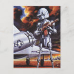 Cartão Postal Vintage Science Fiction Military Robot Soldiers<br><div class="desc">Vintage illustration futuristic Science Fiction military robot image. A hostile alien soldier holding a rifle gun and standing in front of a military aircraft or airplane with a star. He is on a desolate planet ready to go to war with smoke, fire and explosions. Time to battle and fight the...</div>
