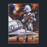 Cartão Postal Vintage Science Fiction Military Robot Soldiers<br><div class="desc">Vintage illustration futuristic Science Fiction military robot image. A hostile alien soldier holding a rifle gun and standing in front of a military aircraft or airplane with a star. He is on a desolate planet ready to go to war with smoke, fire and explosions. Time to battle and fight the...</div>