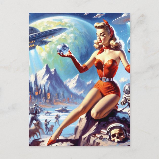 Cartão Postal Vintage Science Fiction Mulher de 1950 (Frente)