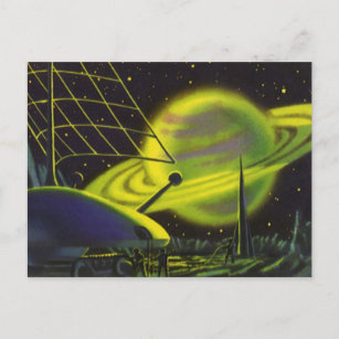 Cartão Postal Vintage Science Fiction Neon Green Planet w Rings