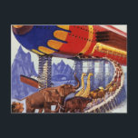 Cartão Postal Vintage Science Fiction, Noah's Ark Wild<br><div class="desc">Vintage ilustration science fiction futurística viagem e transporte imagem de história de bíblia religiosa. Uma espaçonave moderna do Arco de Noé com pares de animais selvagens (elefantes, girafas, leões, aves etc.) caminhando sobre conselhos e soldados guardando as pessoas de volta. Um clássico design de ficção científica de quadrinhos retrógrados do...</div>