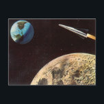 Cartão Postal Vintage Science Fiction, Rocket Ship Over the Moon<br><div class="desc">Vintage ilustra viagem futurista e transporte Ciência Ficção imagem espacial. Um design de estilo quadrinho retrô sci fi apresentando uma nave-fogueira voando no espaço sobre a lua e voltando para a Terra do planeta no futuro.</div>