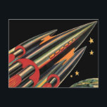 Cartão Postal Vintage Science Fiction Roket Ship by Space Stars<br><div class="desc">Ilustração de safra futurista e imagem de ficção científica de planetas. Um clássico design de ficção científica em quadrinhos retrô,  do futuro,  com um viagem e um foguete de transporte viajando pelo espaço através das estrelas e da lua no caminho de volta à Terra.</div>