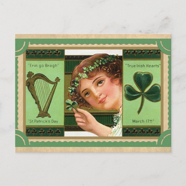 Cartão Postal Vintage Shamrock Erin Go Bragh (Frente)