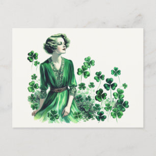 Cartão Postal Vintage Shamrock Rua. Mulher do Dia de Patrick