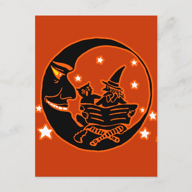 Cartão Postal Vintage Silhouette Witette Cat and Moon (Frente)