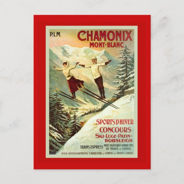 Cartão Postal Vintage Ski Poster, Chamonix, Monte Branco (Frente)