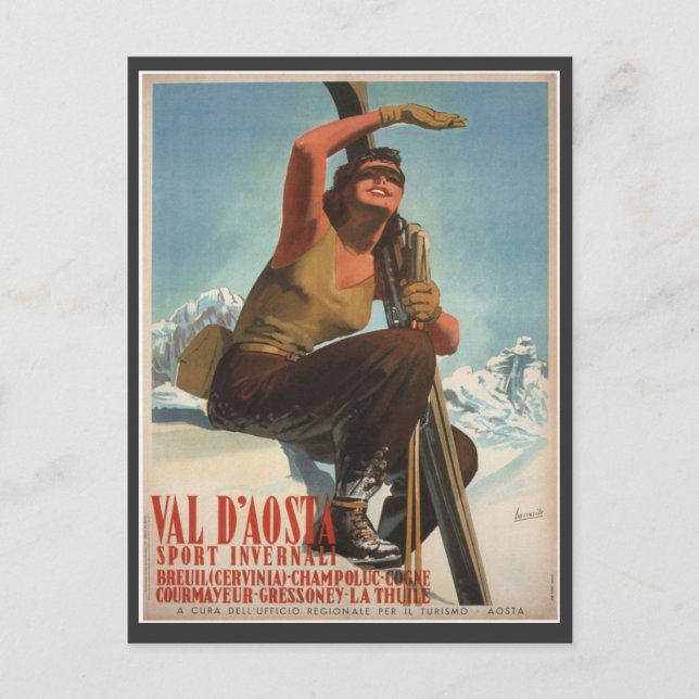 Cartão Postal Vintage Ski Poster, Itália, Val d'Aosta (Frente)