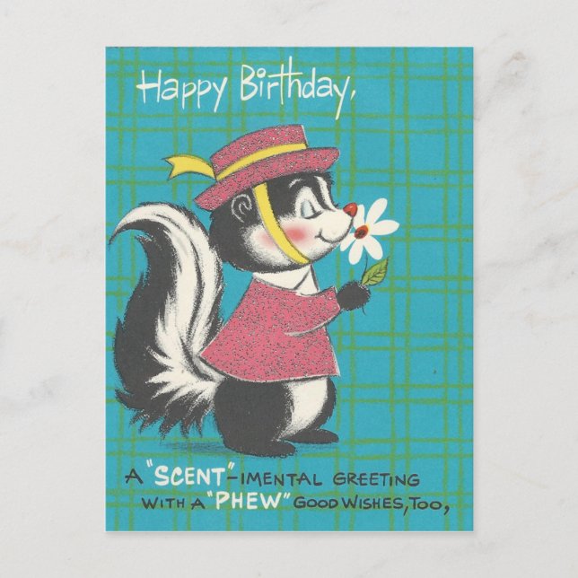 Cartão Postal Vintage Skunk Happy Birthday (Frente)