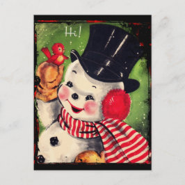 Cartão Postal Vintage Snowman com um Pássaro Vermelho