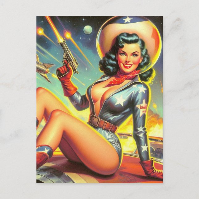 Cartão Postal Vintage Space Cowgirl Pin Up (Frente)