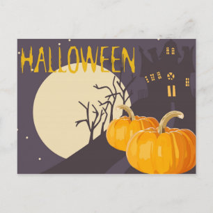 Cartão Postal Vintage Spooky Halloween Moon e Pumpkin à Noite