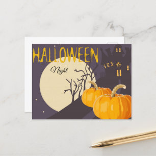 Cartão Postal Vintage Spooky Halloween Moon e Pumpkin à Noite