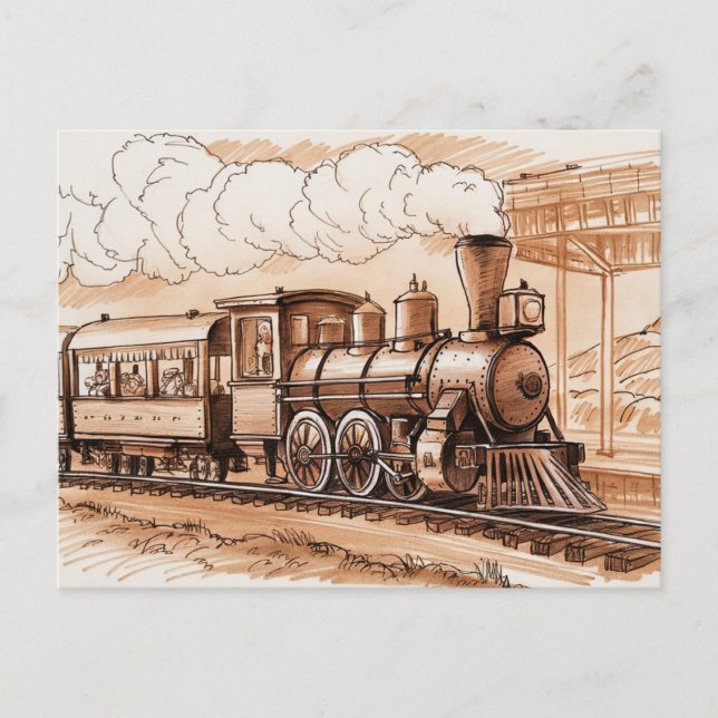 Cartão Postal Vintage Steam Engine Train Sketch (Frente)