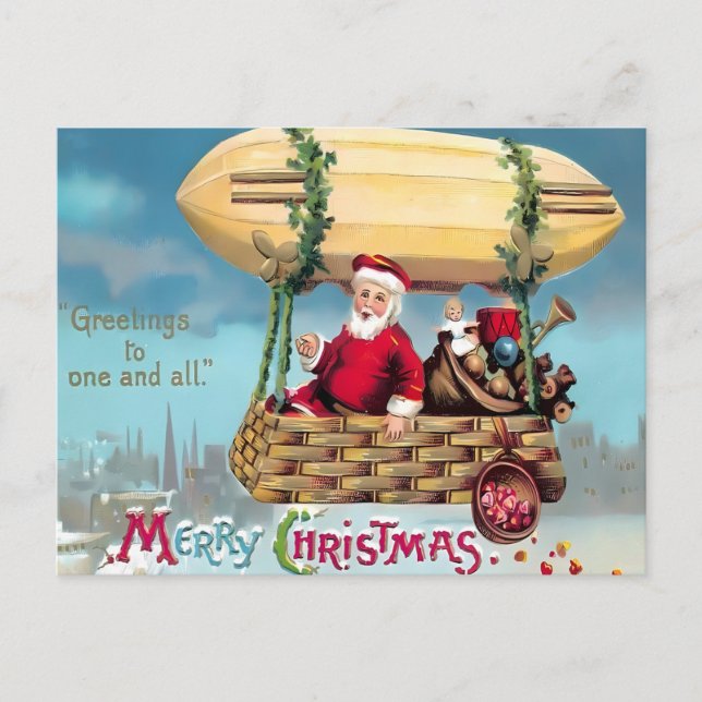 Cartão Postal Vintage Steampunk Airship Santa 'Greetings' Merry  (Frente)