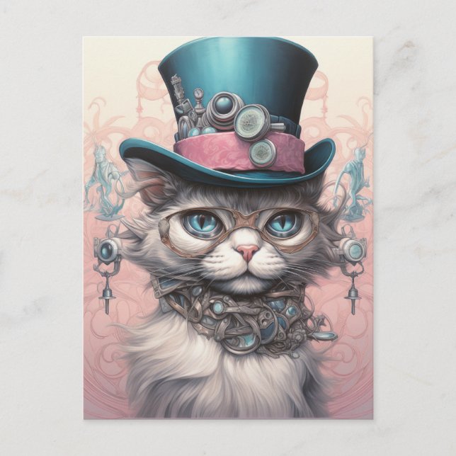 Cartão Postal Vintage Steampunk Cat em Blue Tophat (Frente)