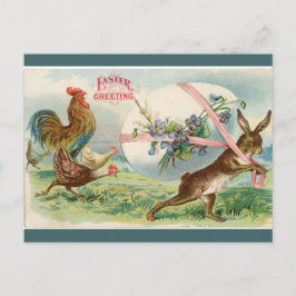 Cartão Postal Vintage Strong Rabbit Perseguido Por Galinhas