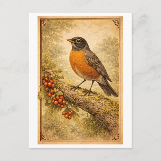 Cartão Postal Vintage-Style American Robin Illustration (Frente)