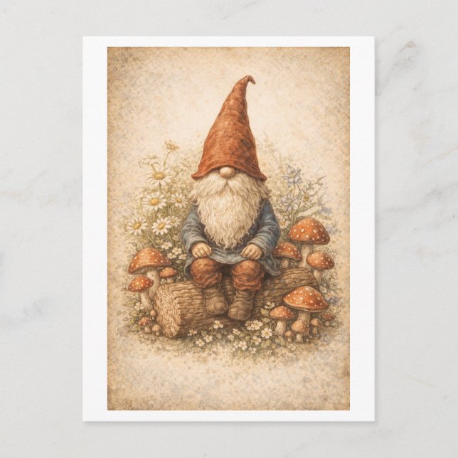 Cartão Postal Vintage-Style Gnome on a Log (Frente)