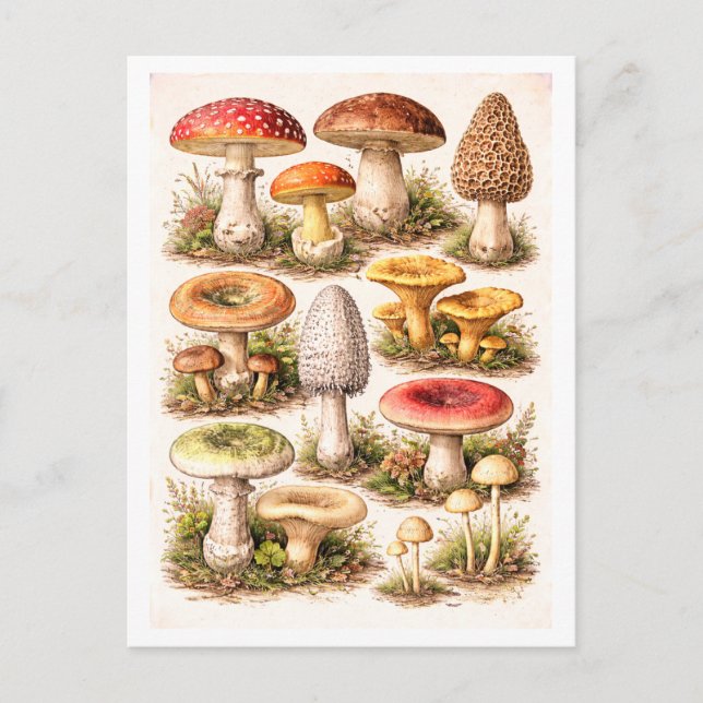 Cartão Postal Vintage-Style Mushroom Illustration (Frente)