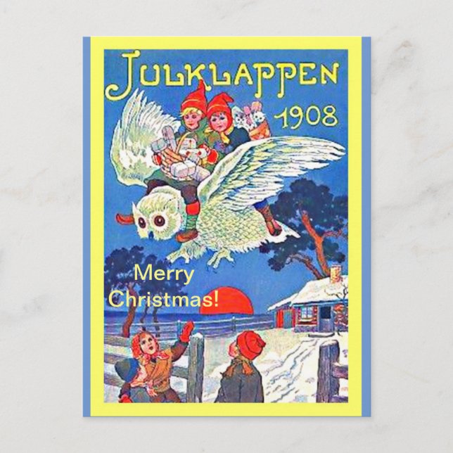 Cartão Postal Vintage Swedish Owl & Kids Julklappen Christmas (Frente)
