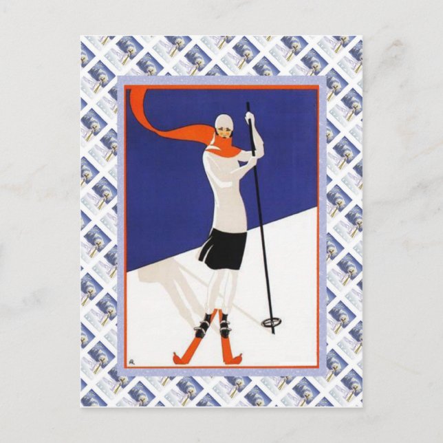 Cartão Postal Vintage Swiss Raulway Poster, Ski (Frente)