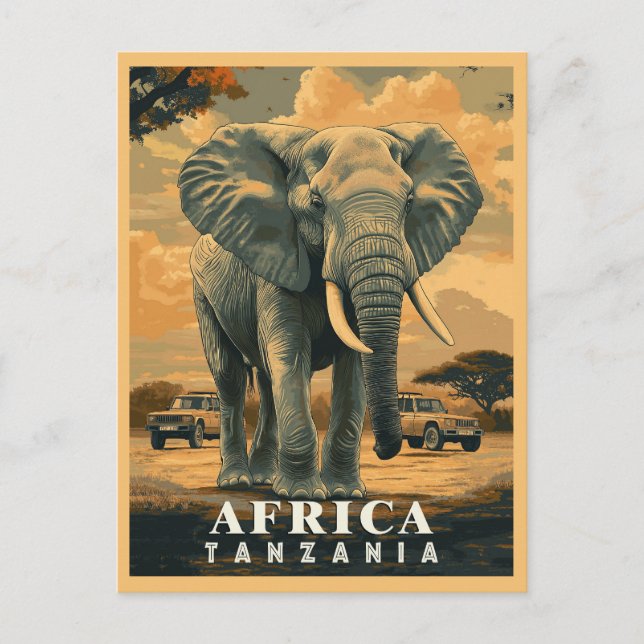 Cartão Postal Vintage Tanzânia: Aventura Safari (Frente)